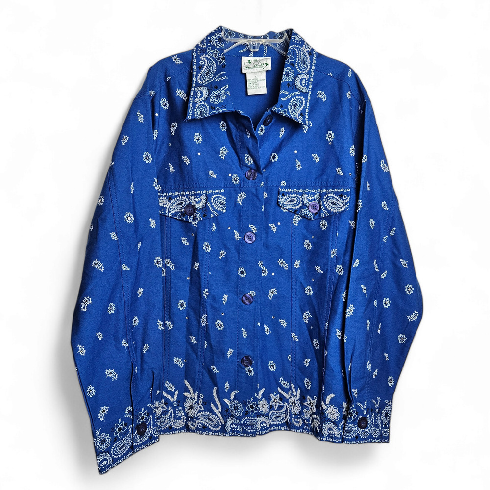 Quacker Factory Women's Beaded Rhinestone Blue Bandana Print Jacket Size L